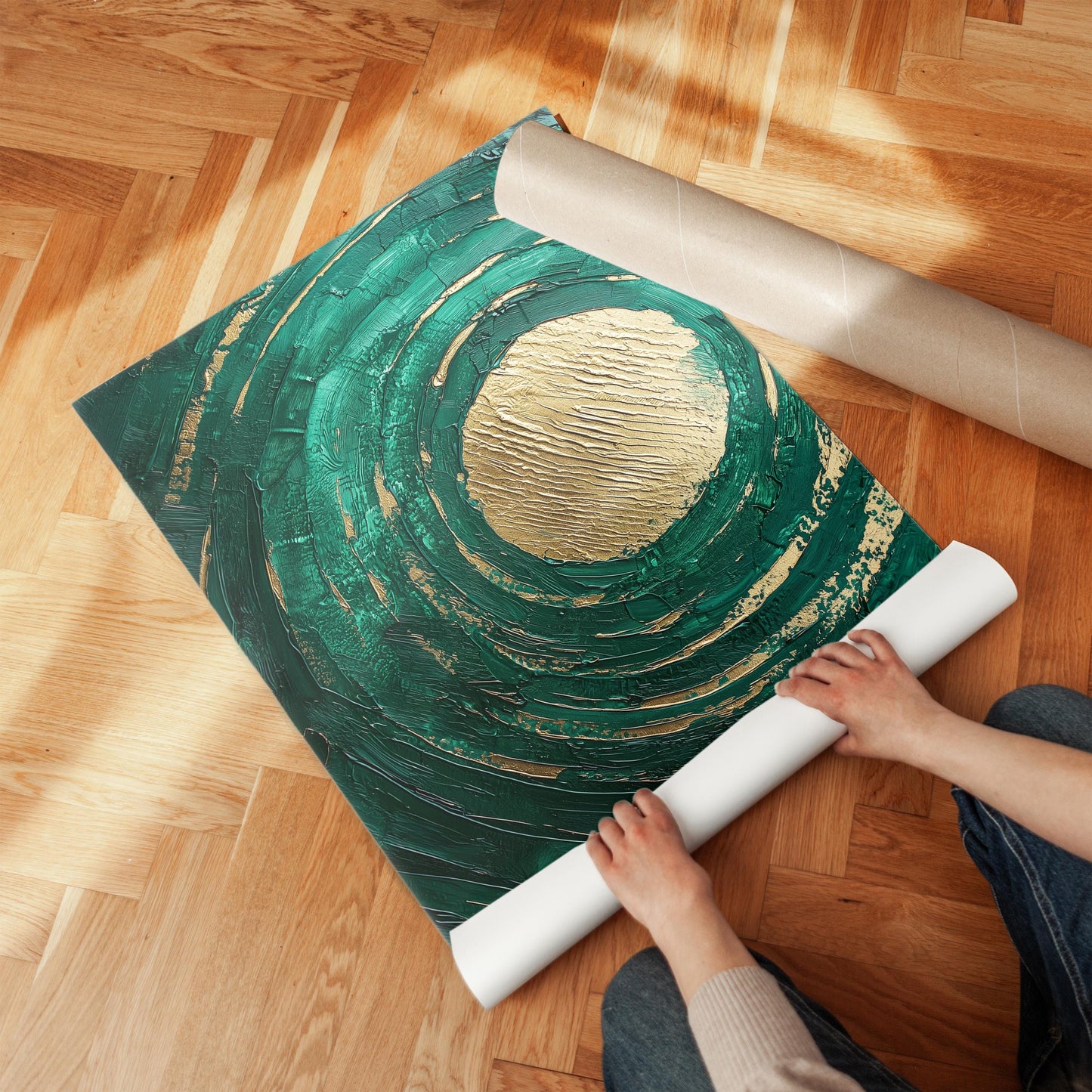 Emerald Green Textured Circle Giclée Canvas Print Modern Abstract Wall Art for Living Room or Bedroom