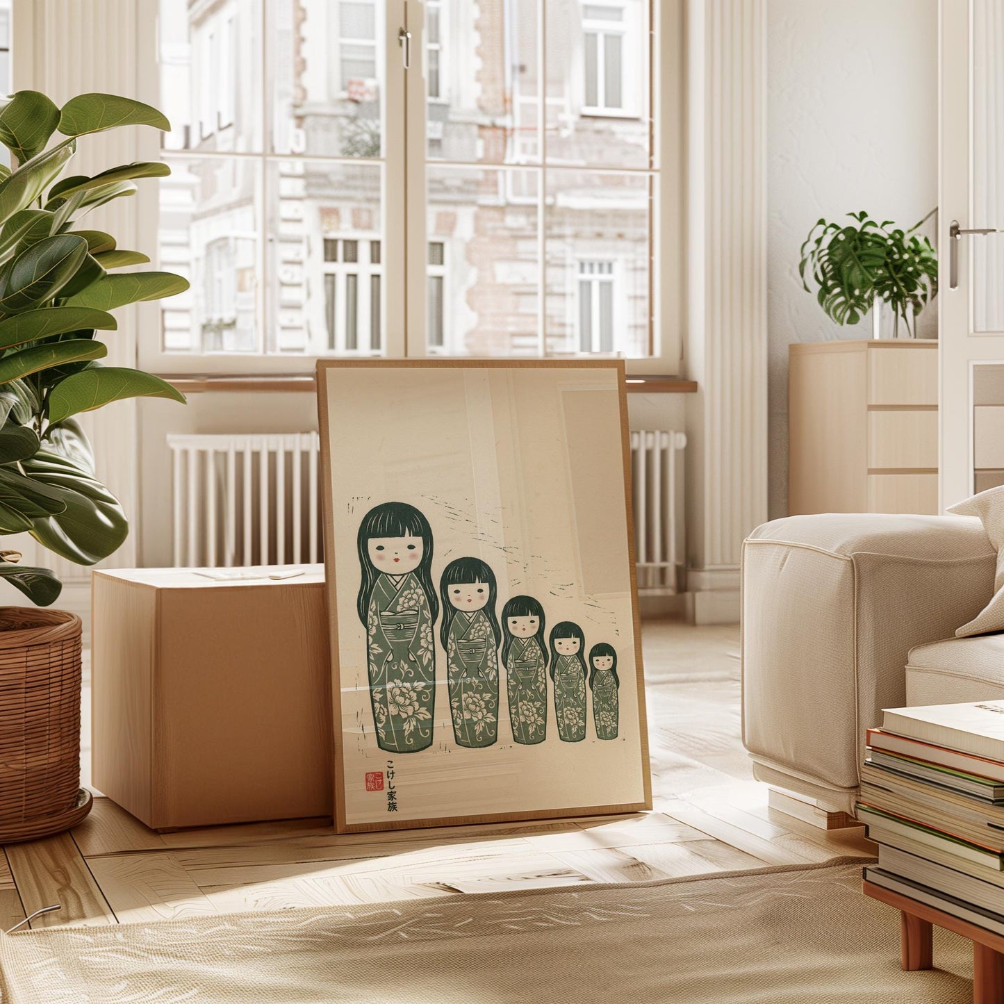 Japanese Folk Art Print | Vintage Japanese Print with Floral Kimono Pattern & Kokeshi Dolls