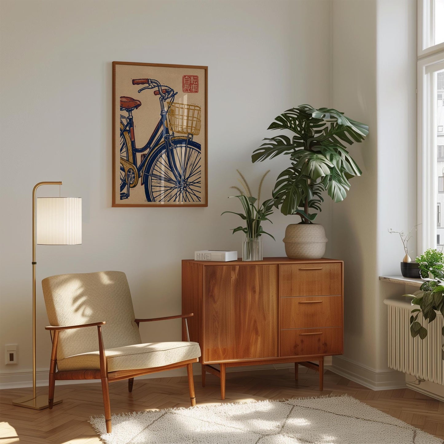 Retro Bicycle Print – Vintage Bike Art on Kraft Paper | Japanese Woodblock Style
