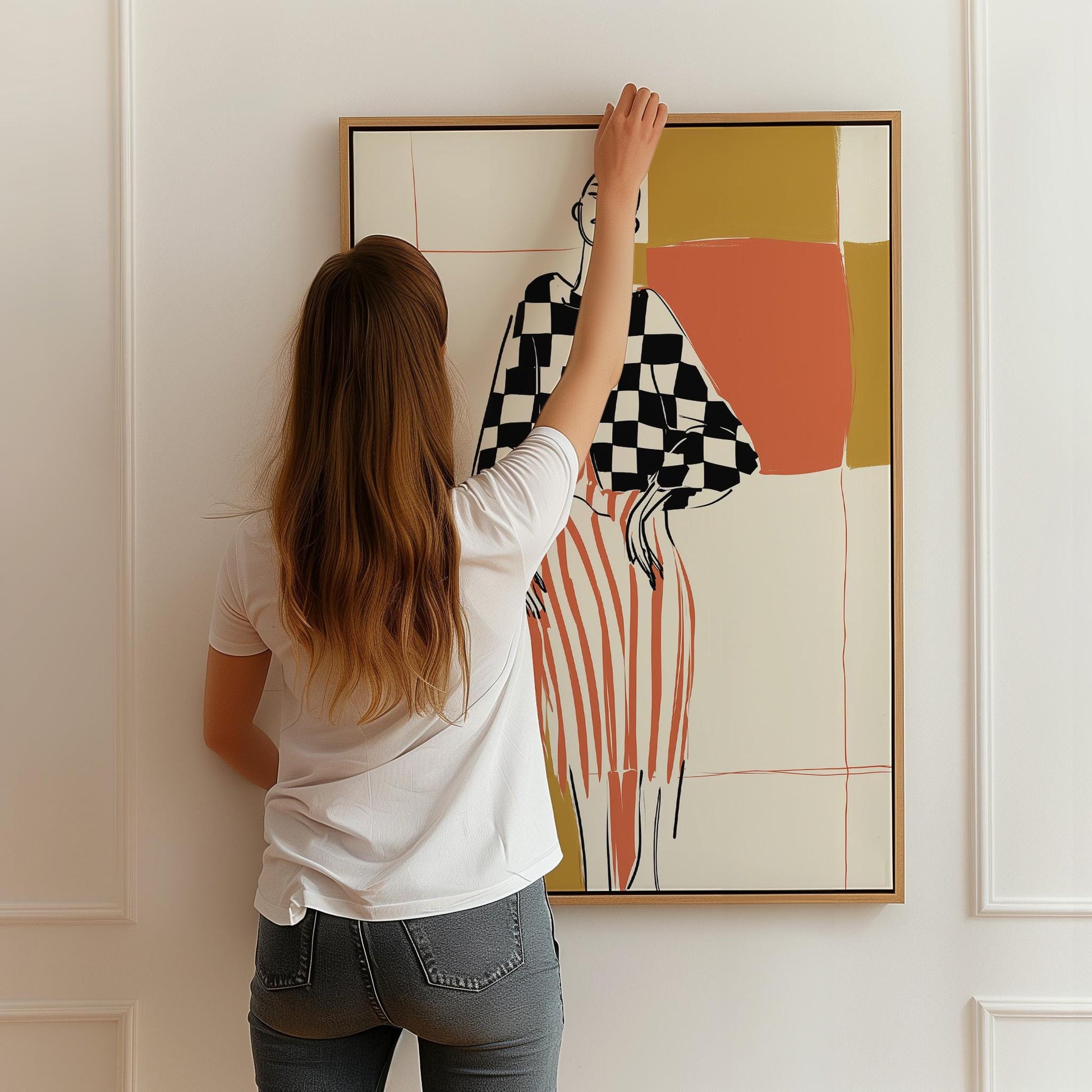 Modern Fashion Line Art Canvas Wall Art with Checkerboard and Stripes Abstract Print for Living Room or Bedroom Decor
