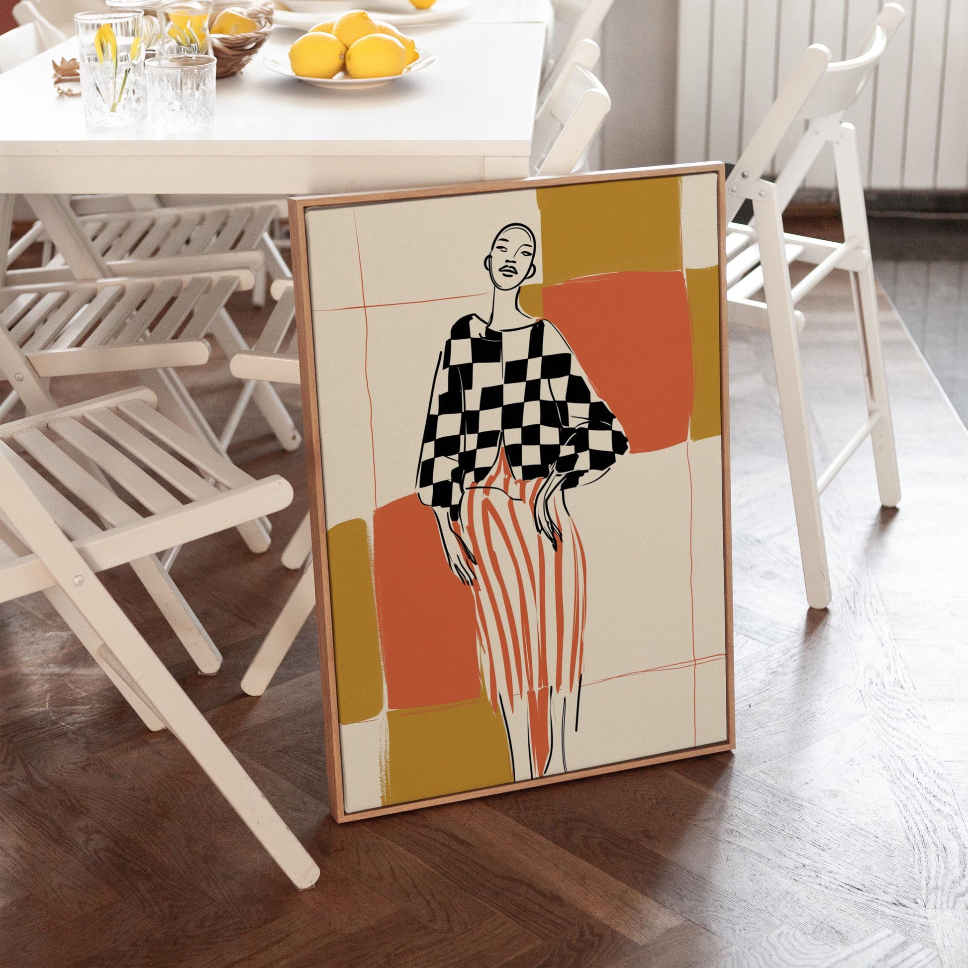 Modern Fashion Line Art Canvas Wall Art with Checkerboard and Stripes Abstract Print for Living Room or Bedroom Decor