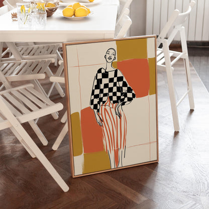 Modern Fashion Line Art Canvas Wall Art with Checkerboard and Stripes Abstract Print for Living Room or Bedroom Decor