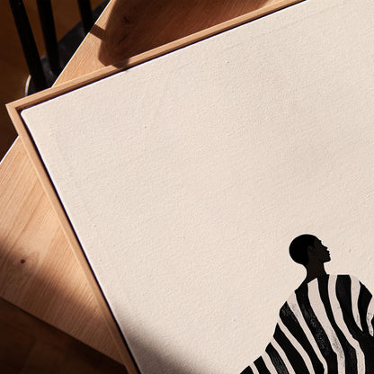 Minimalist Black and White Canvas Wall Art with Striped Robe Abstract Figure Modern Print for Living Room or Bedroom