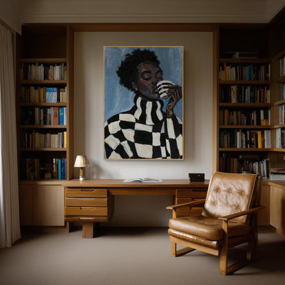 Modern Abstract Woman Canvas Wall Art with Checker Pattern and Striped Mug Contemporary Print for Kitchen or Living Room