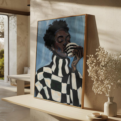 Modern Abstract Woman Canvas Wall Art with Checker Pattern and Striped Mug Contemporary Print for Kitchen or Living Room
