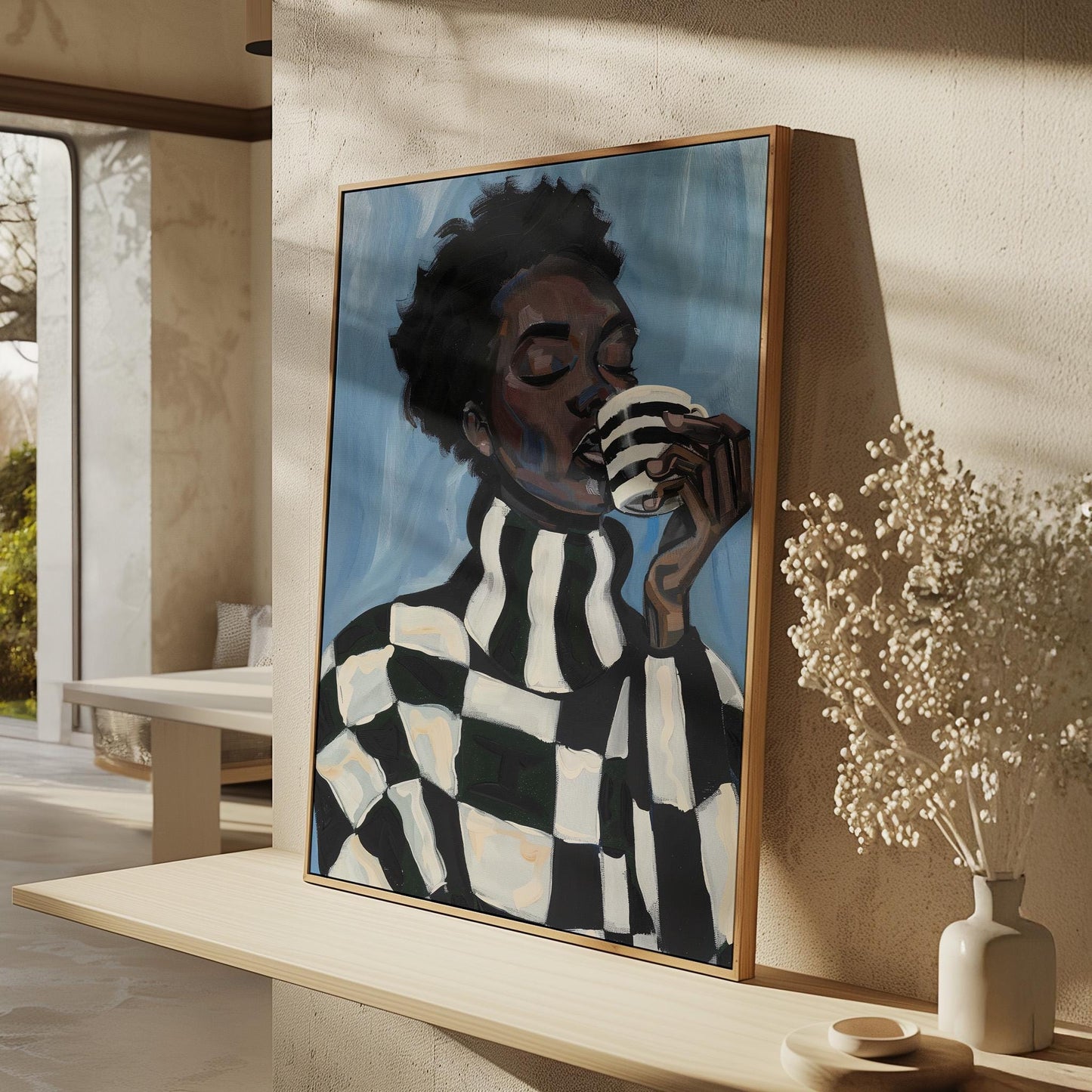 Modern Abstract Woman Canvas Wall Art with Checker Pattern and Striped Mug Contemporary Print for Kitchen or Living Room