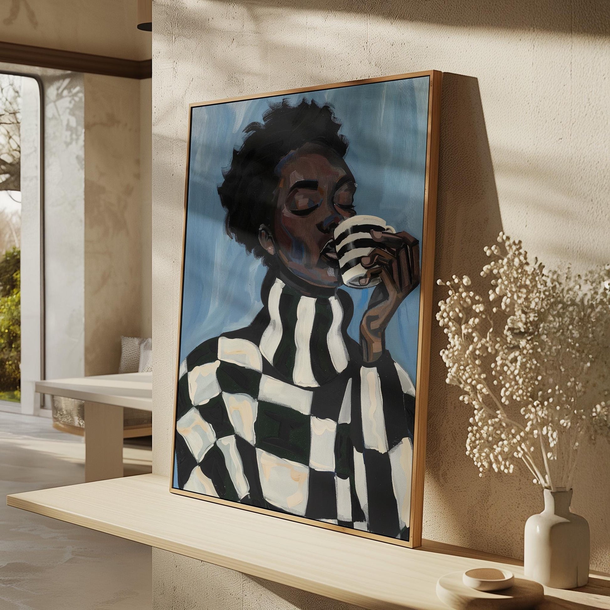 Modern Abstract Woman Canvas Wall Art with Checker Pattern and Striped Mug Contemporary Print for Kitchen or Living Room