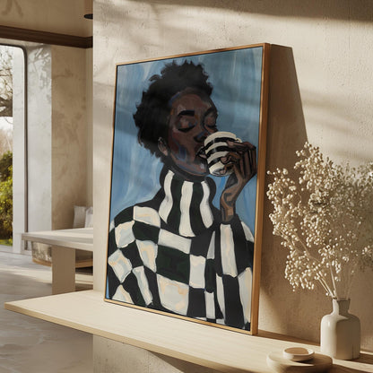 Modern Abstract Woman Canvas Wall Art with Checker Pattern and Striped Mug Contemporary Print for Kitchen or Living Room