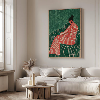 Abstract Woman Canvas Art: Green & Red Giclée Print with Floating Frame