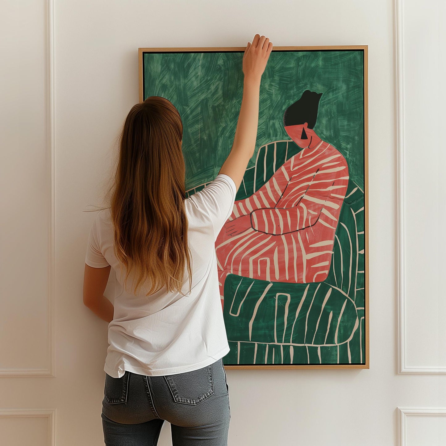 Abstract Woman Canvas Art: Green & Red Giclée Print with Floating Frame