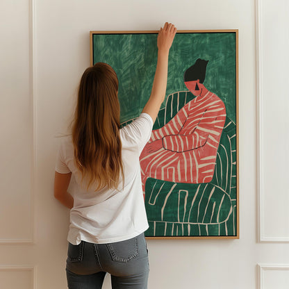 Abstract Woman Canvas Art: Green & Red Giclée Print with Floating Frame