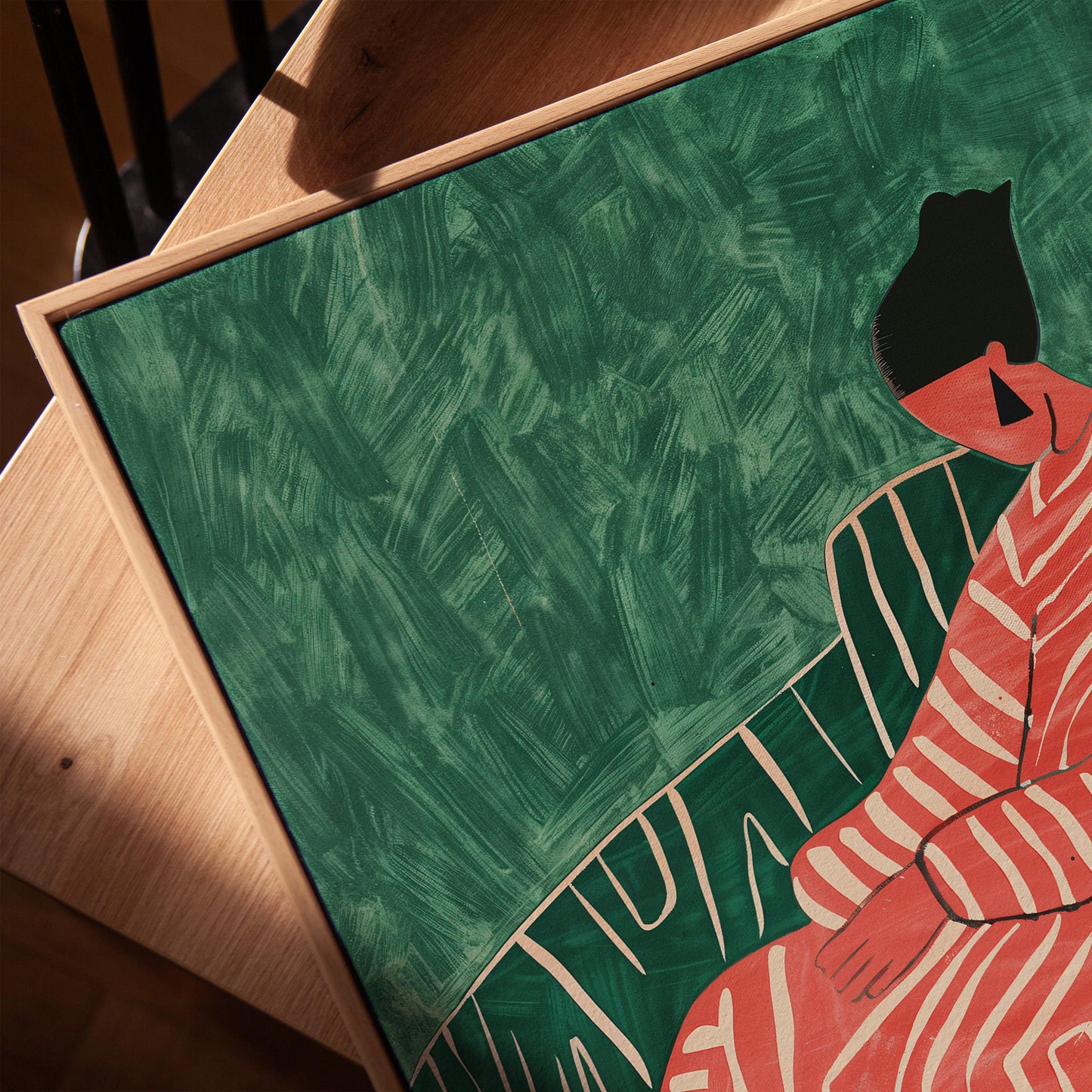 Abstract Woman Canvas Art: Green & Red Giclée Print with Floating Frame