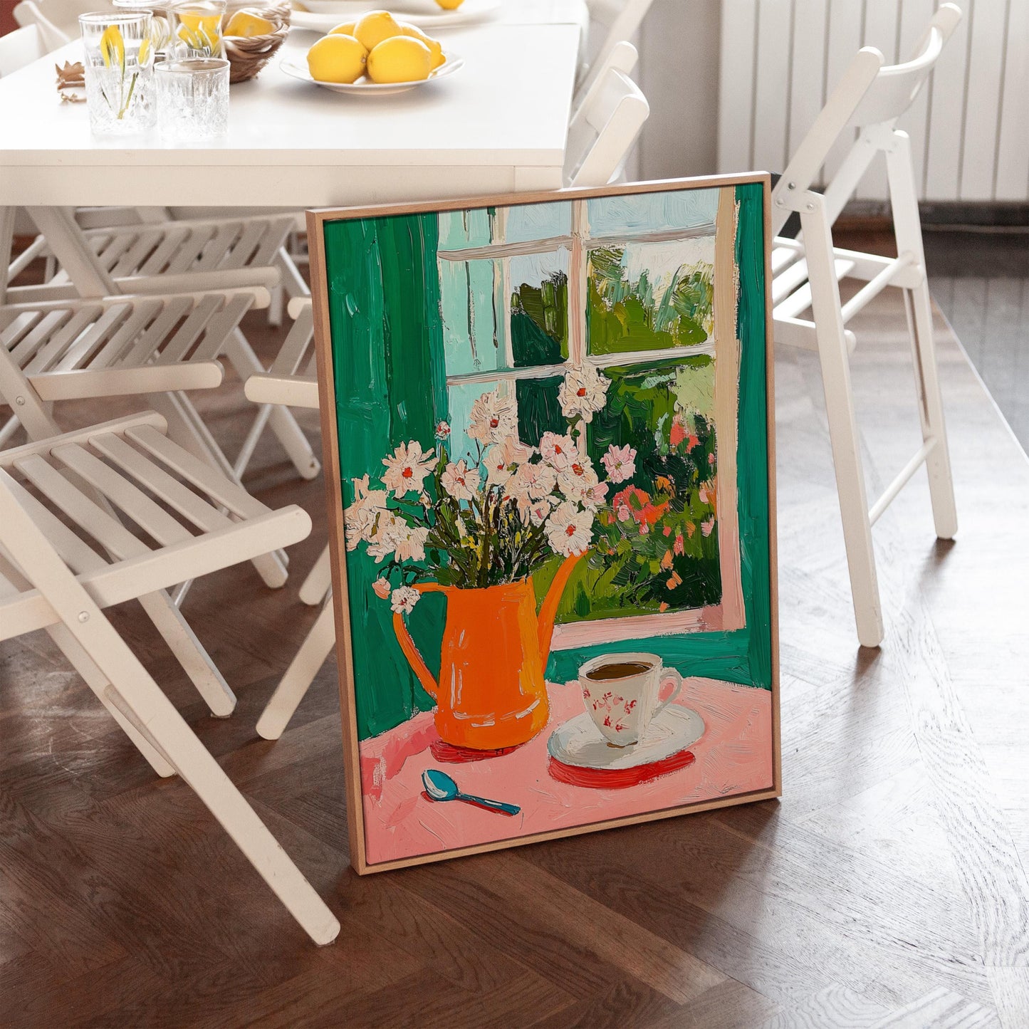Floral Canvas Art: Green and Orange Accents (Framed or Unframed)