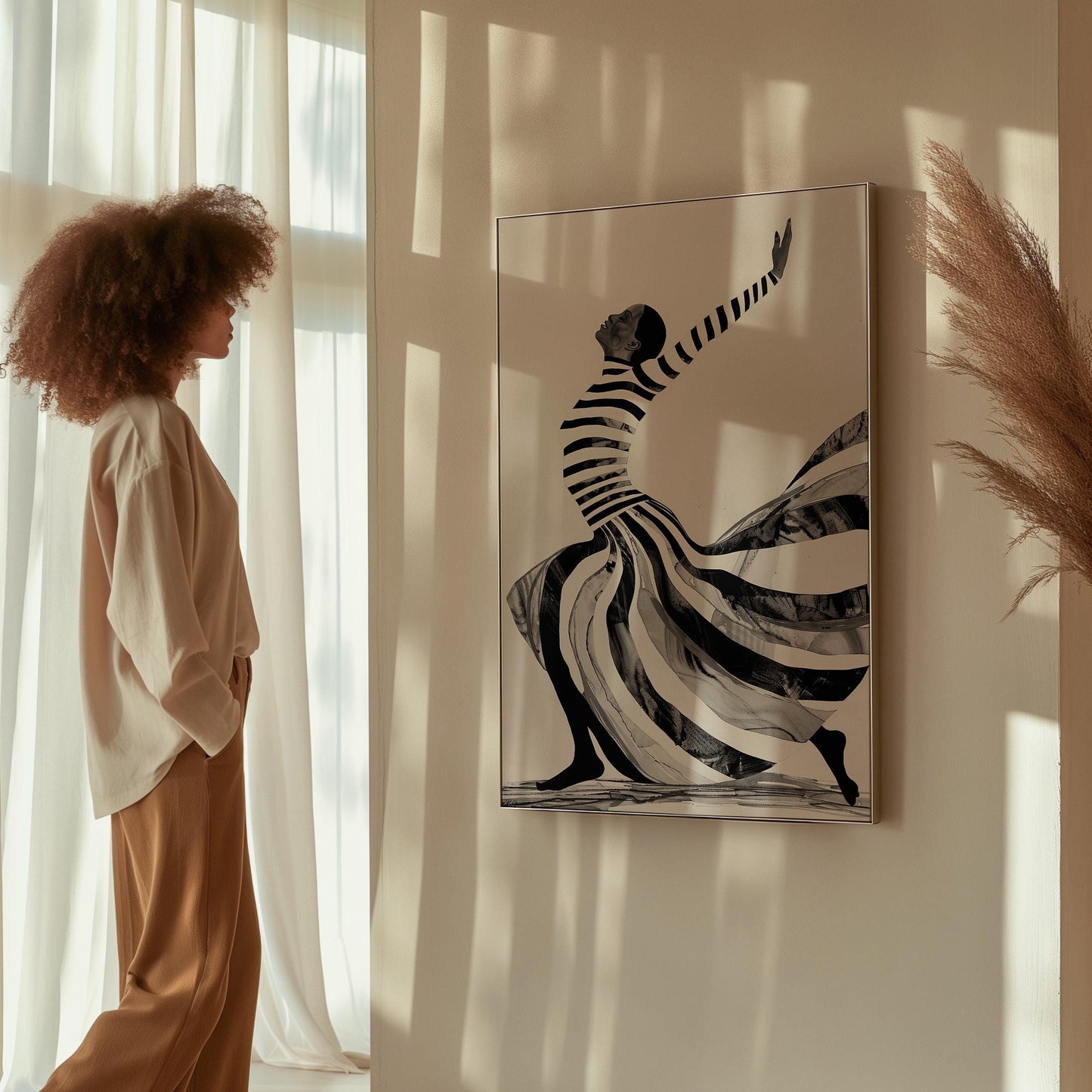 Abstract Woman Wall Art: Black and White Stripes (Framed or Unframed)
