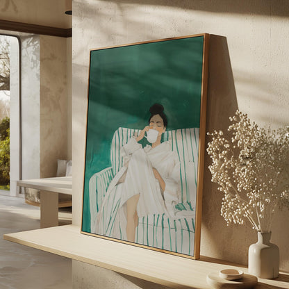 Coffee Wall Art Print: Green Abstract Woman - Floating Frame