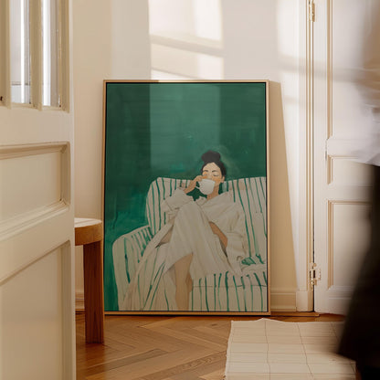 Coffee Wall Art Print: Green Abstract Woman - Floating Frame