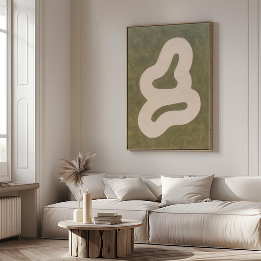 Japandi Canvas Print: Beige Green Abstract with Floating Frame