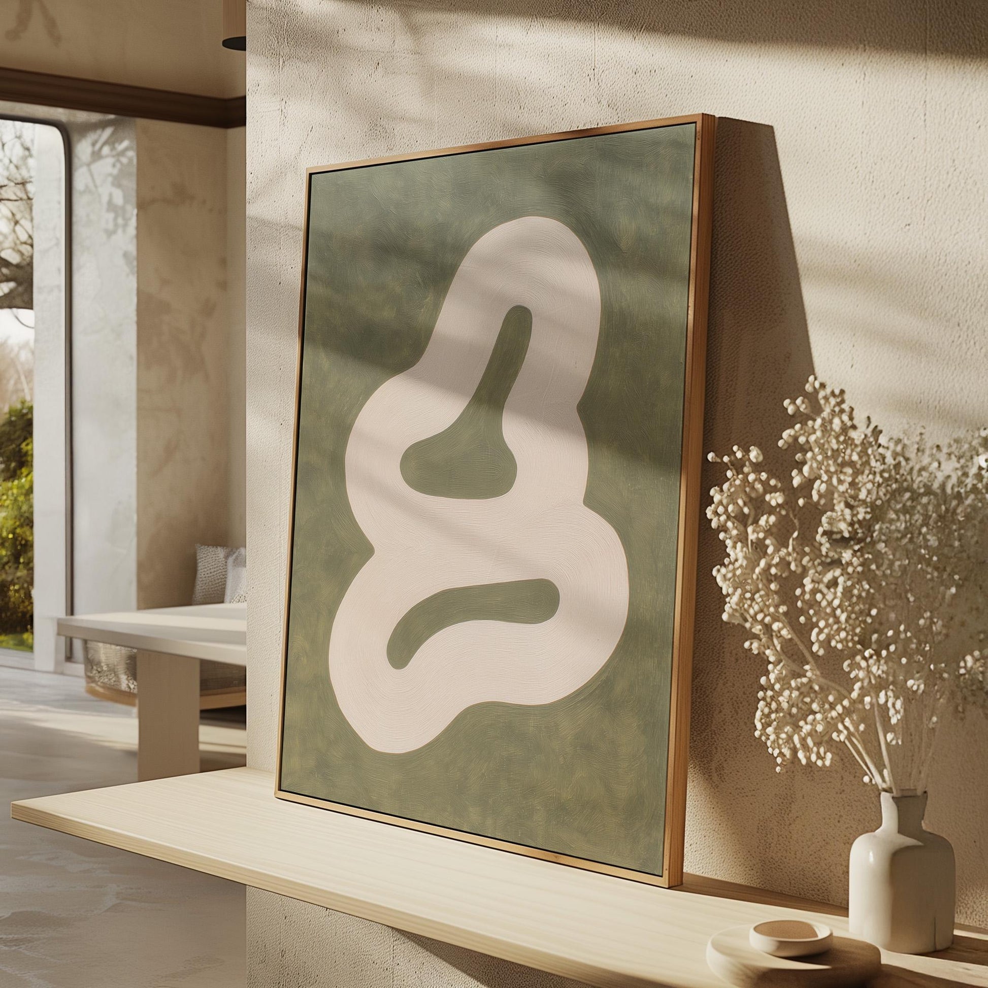 Minimalist Beige and Green Abstract Canvas Wall Art with Floating Frame Modern Japandi Style Print for Living Room