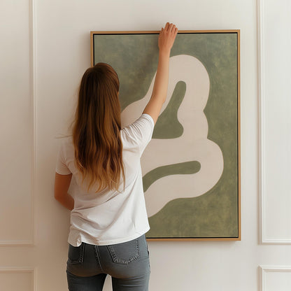 Japandi Canvas Print: Beige Green Abstract with Floating Frame