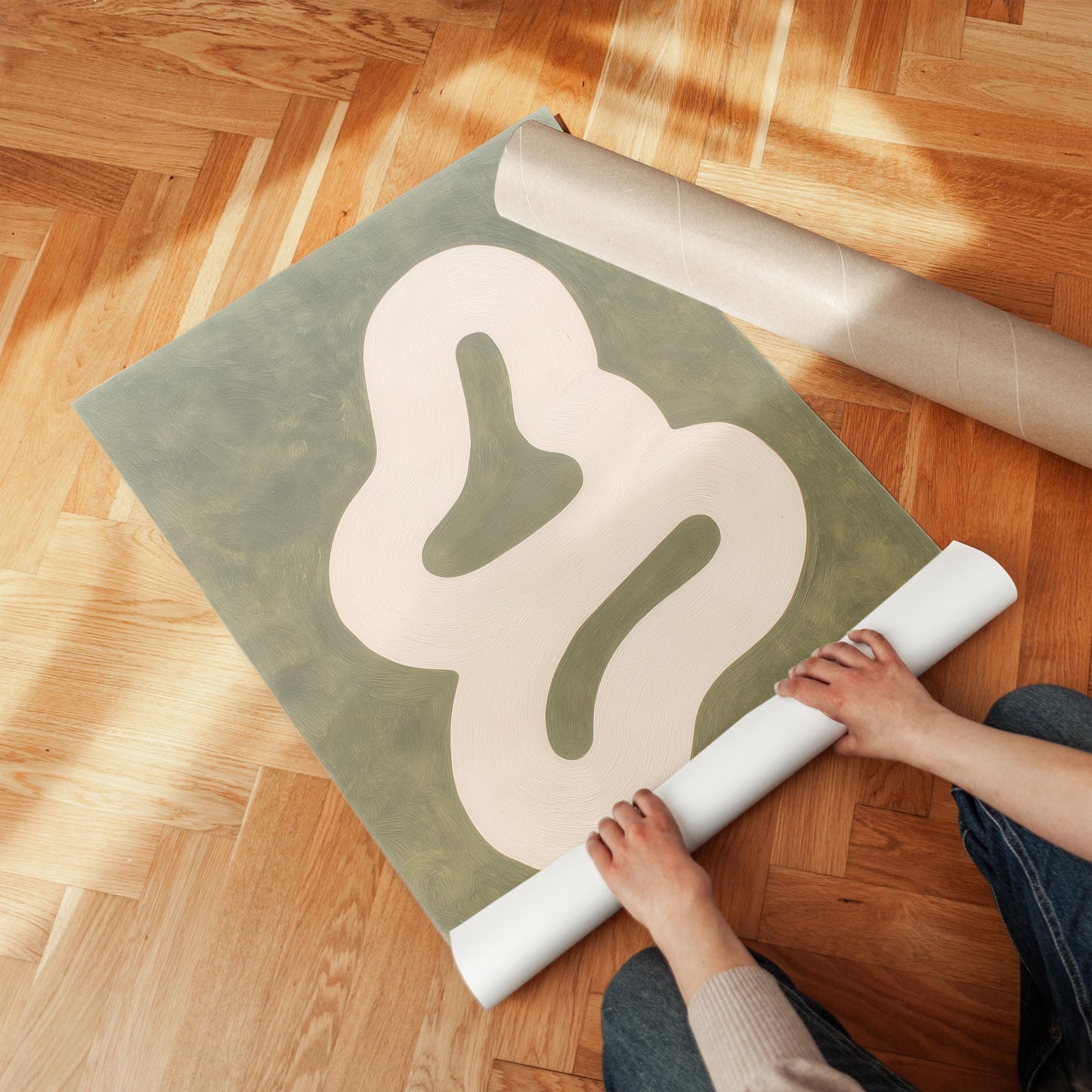 Japandi Canvas Print: Beige Green Abstract with Floating Frame
