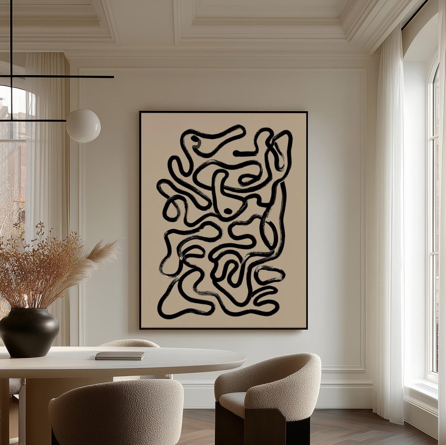 Black and White Abstract Line Canvas Wall Art with Floating Frame Modern Minimalist Print for Living Room Decor