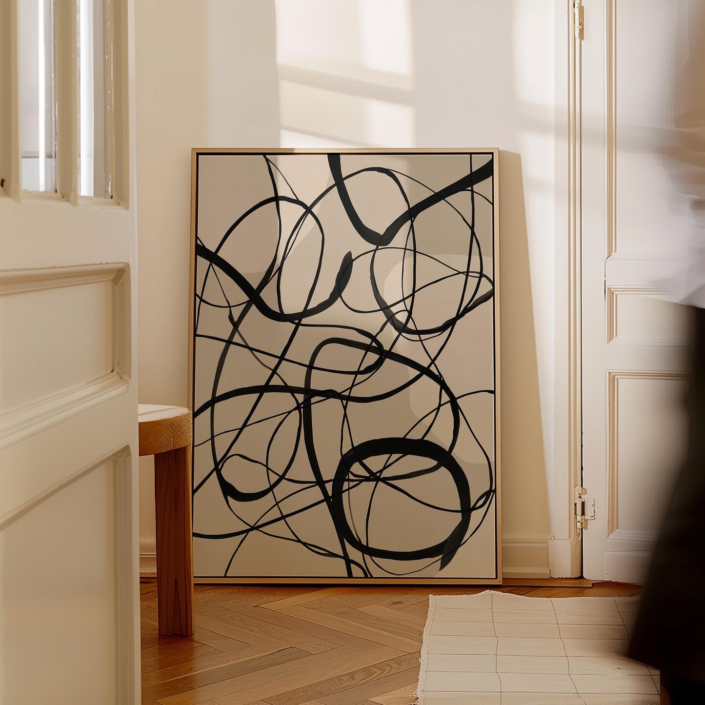 Black and White Abstract Line Canvas Wall Art with Floating Frame Modern Minimalist Print for Living Room Decor