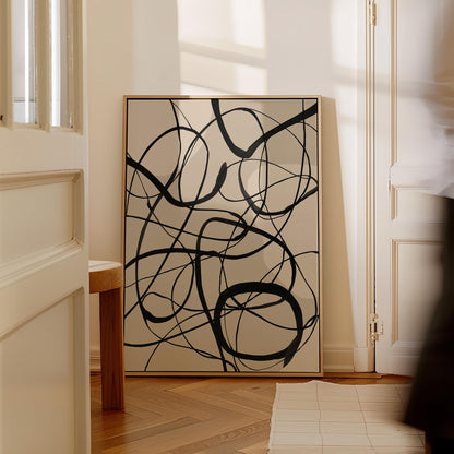 Black and White Abstract Line Canvas Wall Art with Floating Frame Modern Minimalist Print for Living Room Decor