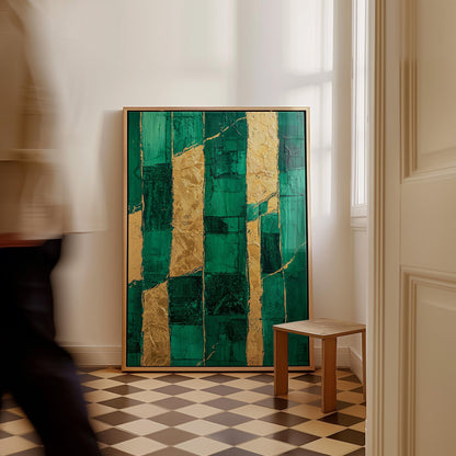 Emerald Green Abstract Canvas Art: Gold Accents