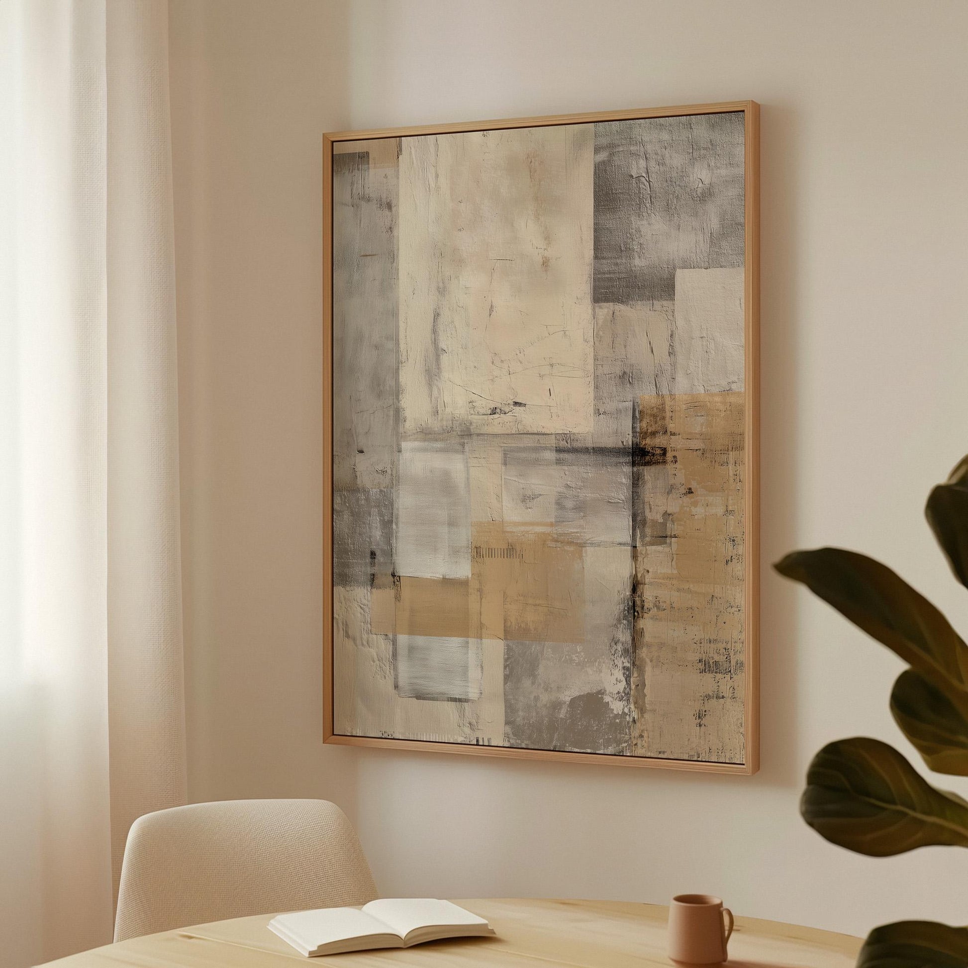 Beige and Brown Abstract Landscape Canvas Wall Art with Floating Frame Modern Neutral Painting for Living Room