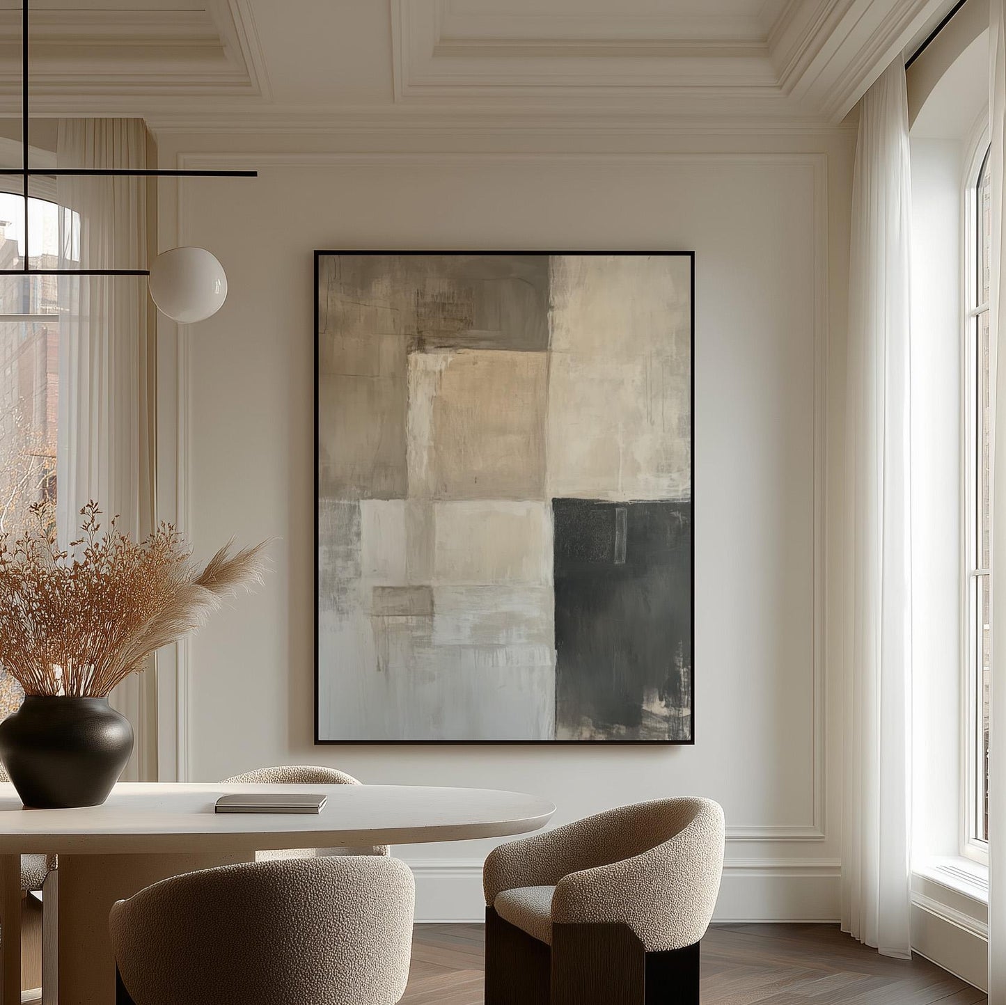 Beige Gray Abstract Canvas Art - Modern Floating Frame