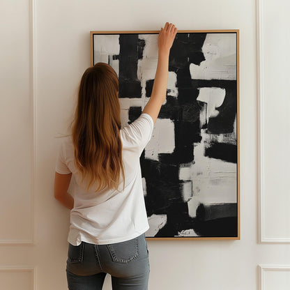 Black and White Abstract Geometric Canvas Wall Art with Floating Frame Modern Minimalist Painting for Living Room