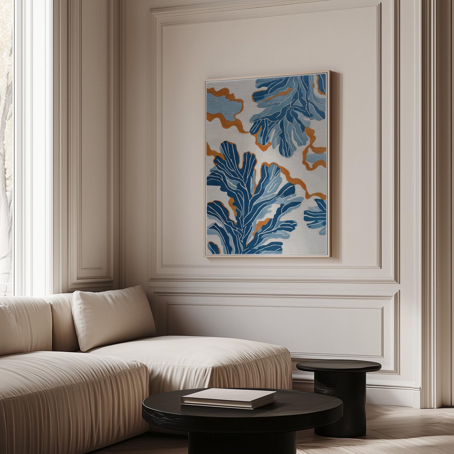 Blue Botanical Abstract Canvas Wall Art with Floating Frame Modern Nature Inspired Print for Living Room or Bedroom