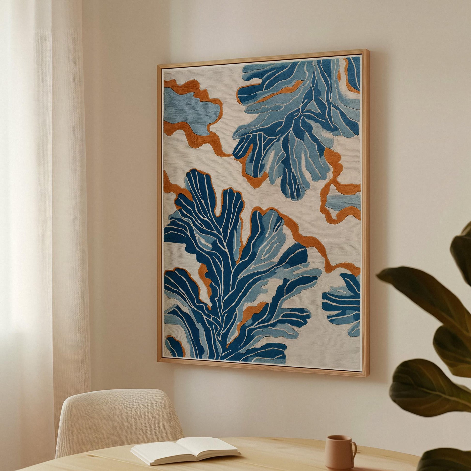 Blue Botanical Abstract Canvas Wall Art with Floating Frame Modern Nature Inspired Print for Living Room or Bedroom