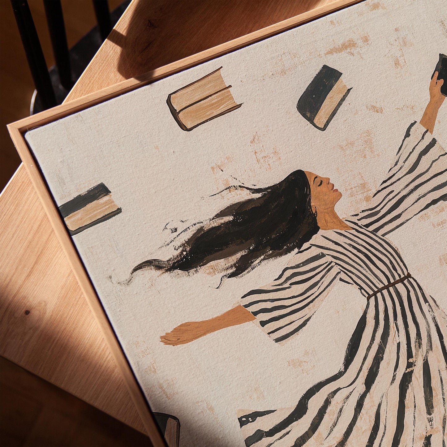 Whimsical Woman Reading Canvas Wall Art with Floating Frame Feminine Abstract Figurative Print for Living Room