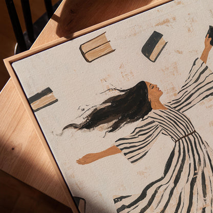 Whimsical Woman Reading Canvas Wall Art with Floating Frame Feminine Abstract Figurative Print for Living Room
