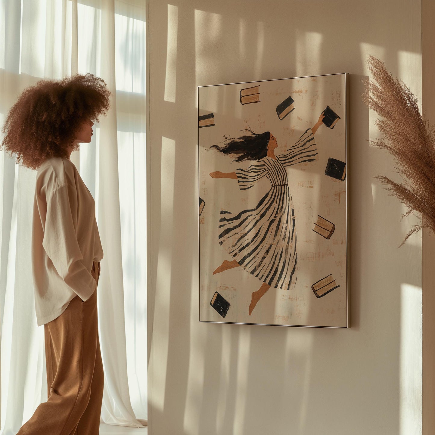 Whimsical Woman Reading Canvas Wall Art with Floating Frame Feminine Abstract Figurative Print for Living Room