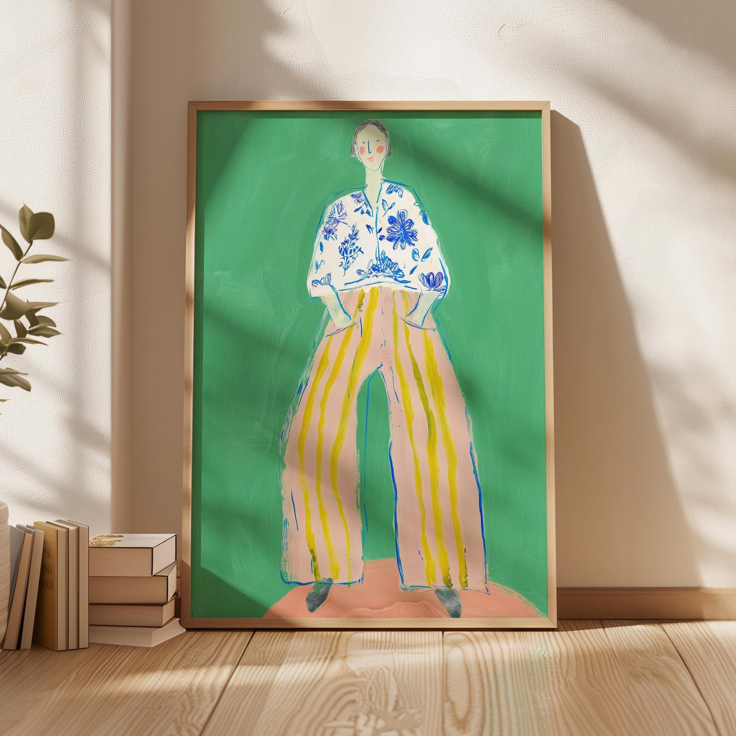 Figurative Woman Canvas Wall Art Green Background with Striped Pants and Floral Blouse Frame
