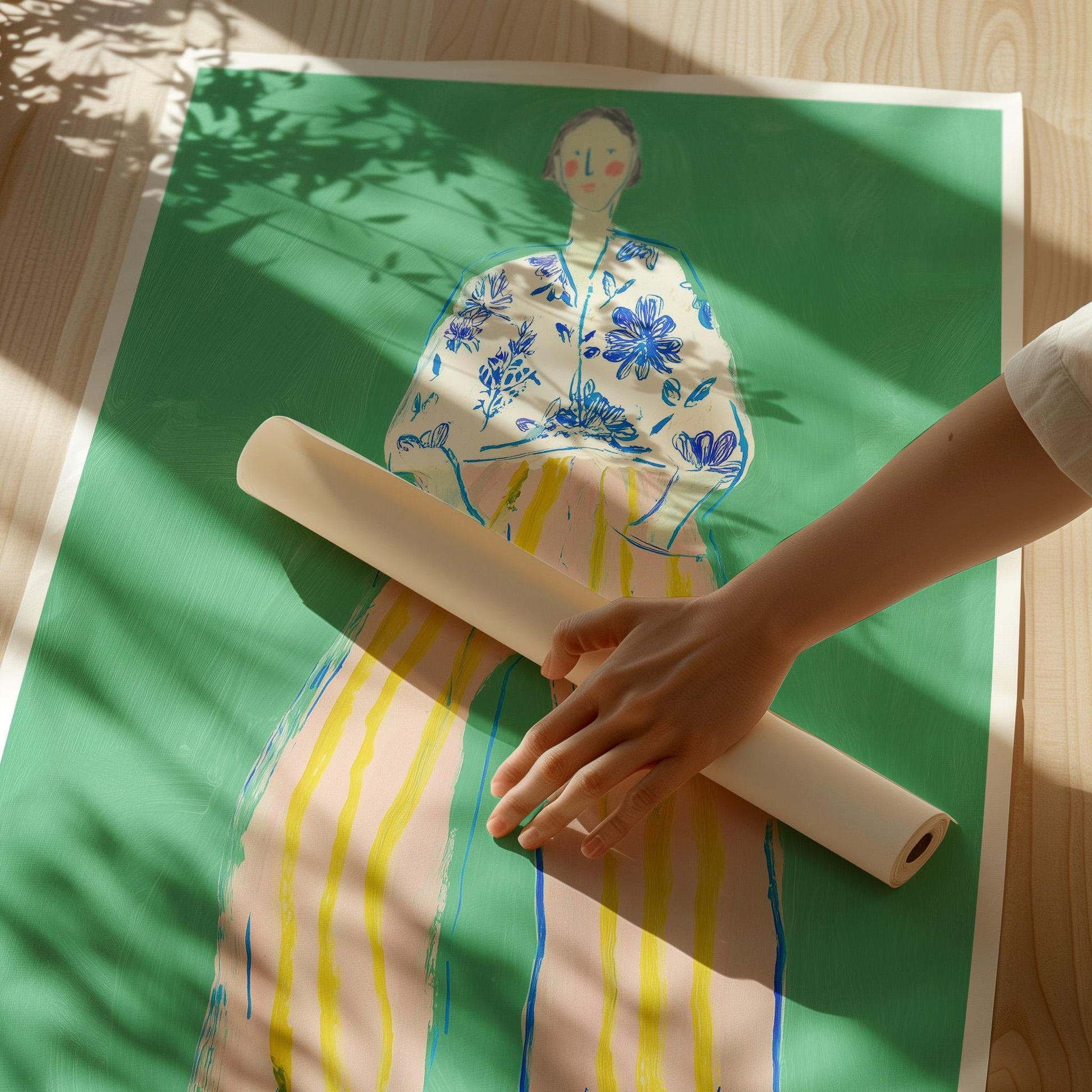 Figurative Woman Canvas Wall Art Green Background with Striped Pants and Floral Blouse Frame
