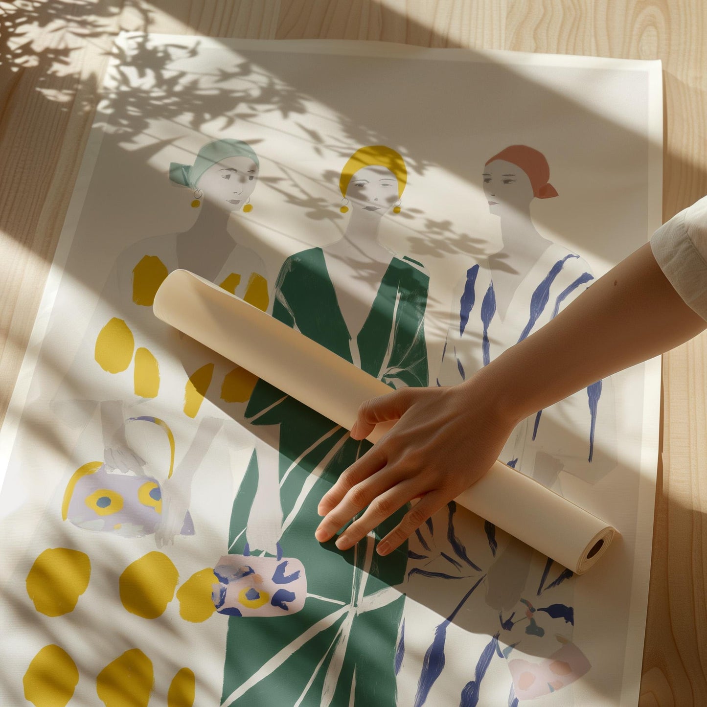 Figurative Canvas Wall Art Three Women in Patterned Dresses with Green Yellow and Blue Frame