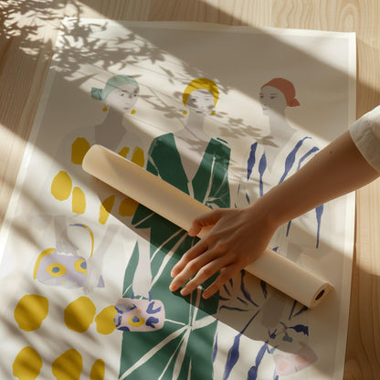 Figurative Canvas Wall Art Three Women in Patterned Dresses with Green Yellow and Blue Frame