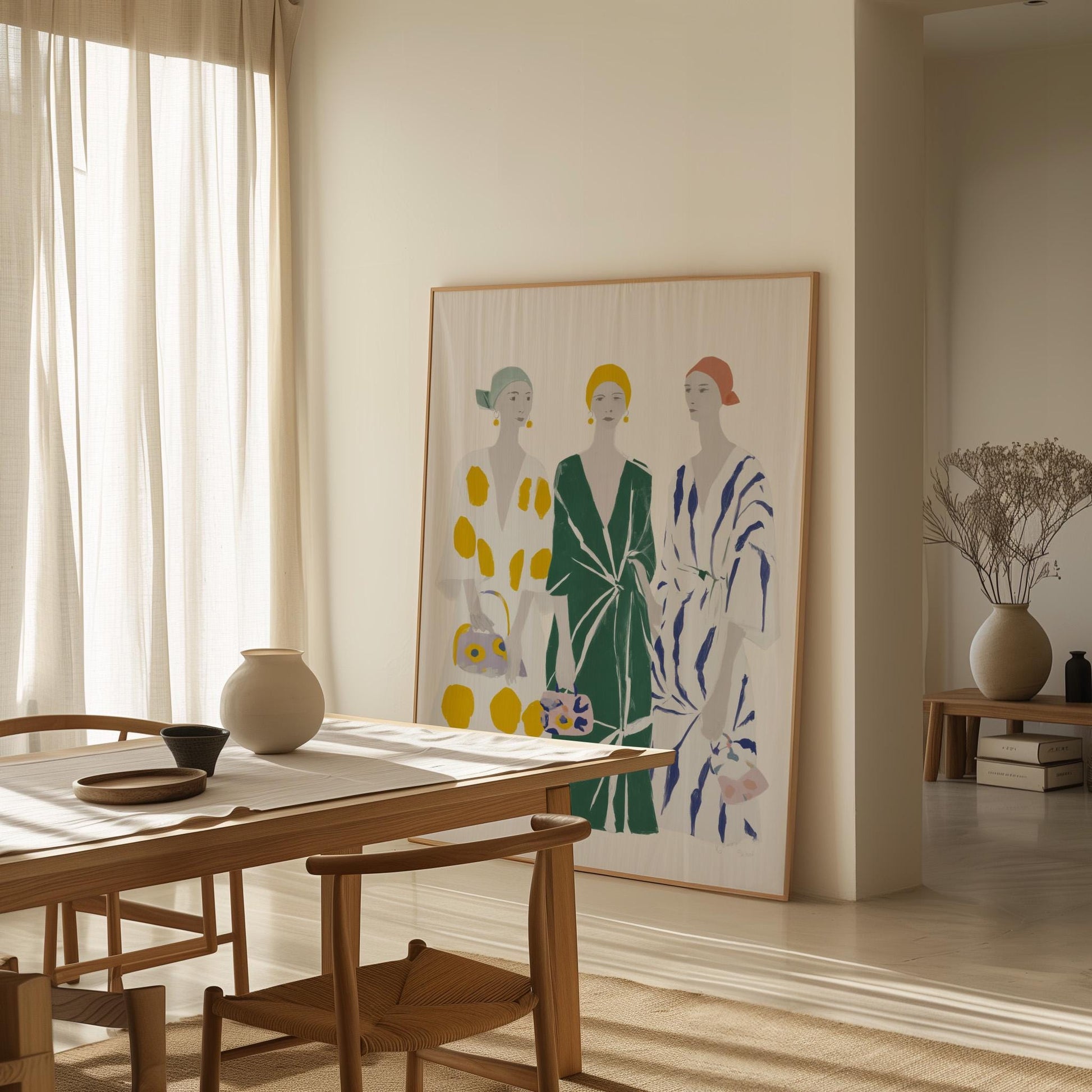 Figurative Canvas Wall Art Three Women in Patterned Dresses with Green Yellow and Blue Frame