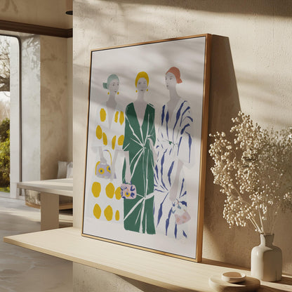 Figurative Canvas Wall Art Three Women in Patterned Dresses with Green Yellow and Blue Frame