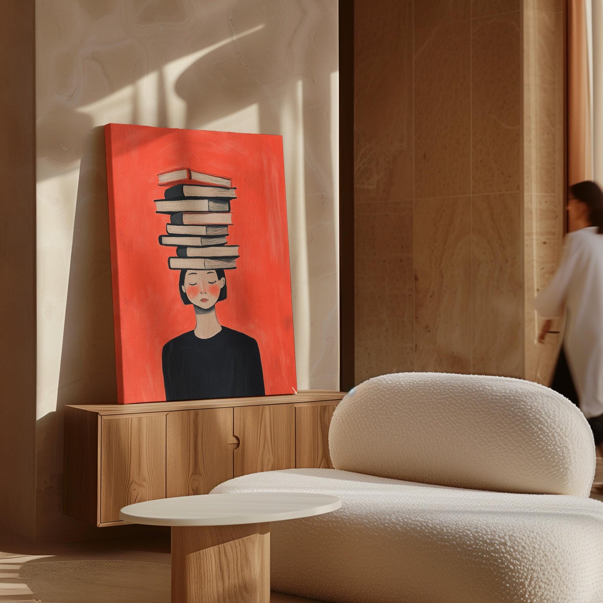 Figurative Canvas Wall Art Woman with Stack of Books on Head Red Background Framed Painting