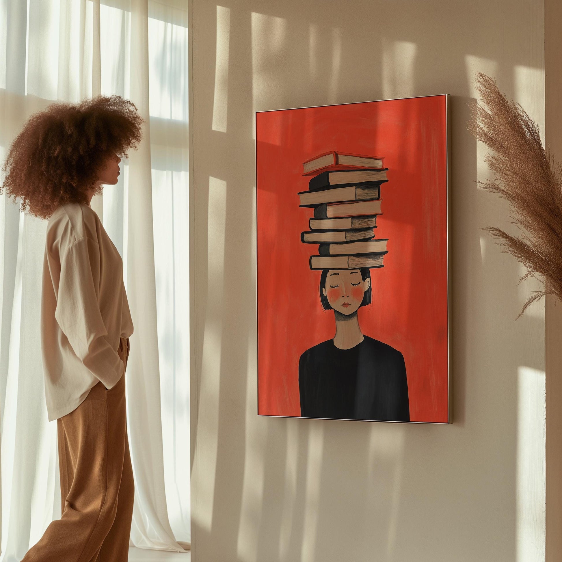 Figurative Canvas Wall Art Woman with Stack of Books on Head Red Background Framed Painting