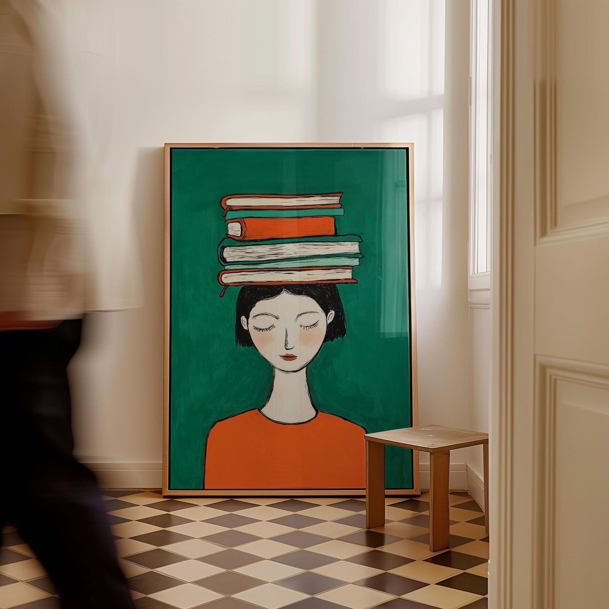Figurative Canvas Wall Art Woman with Books on Head Green Background and Orange Dress Frame