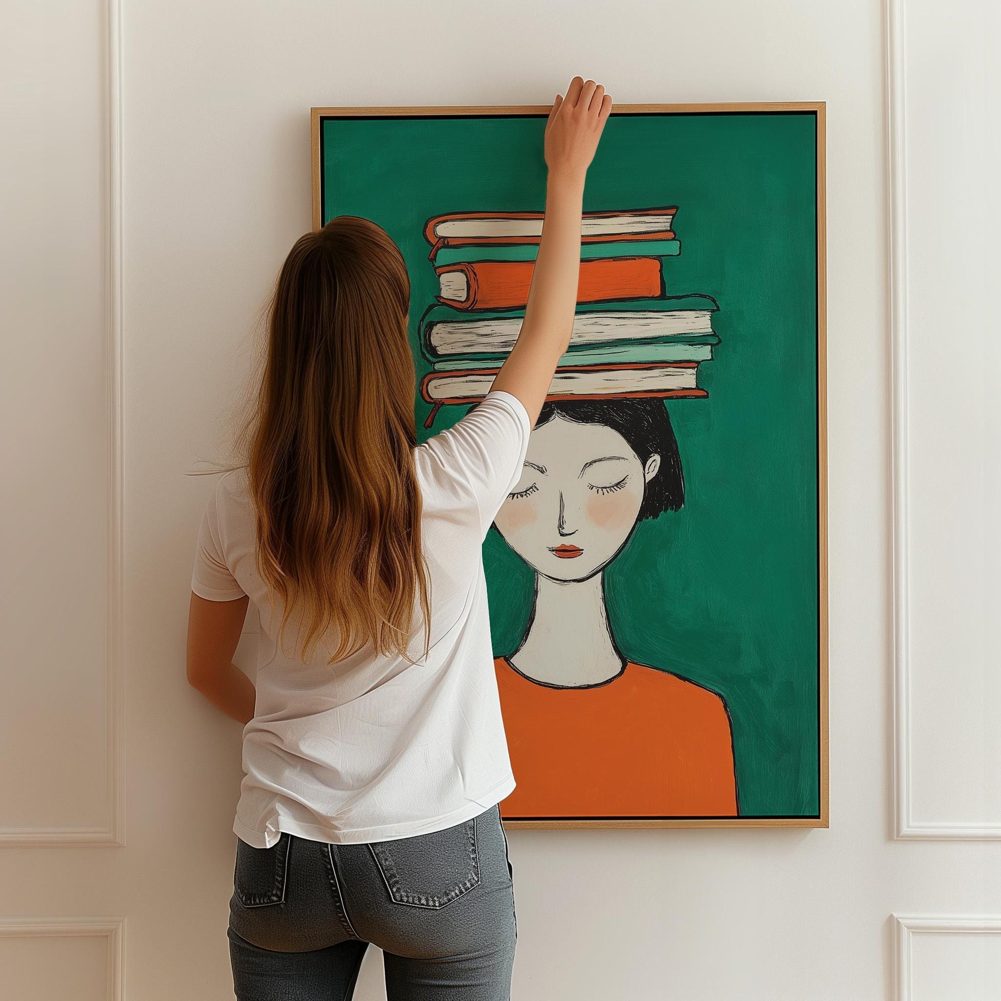 Figurative Canvas Wall Art Woman with Books on Head Green Background and Orange Dress Frame