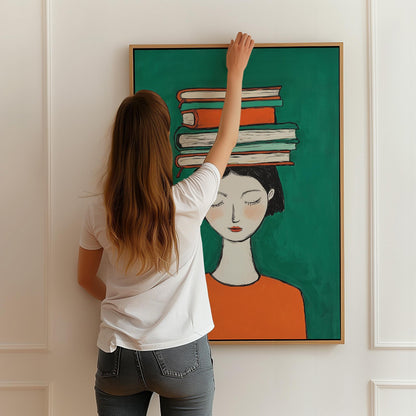 Figurative Canvas Wall Art Woman with Books on Head Green Background and Orange Dress Frame