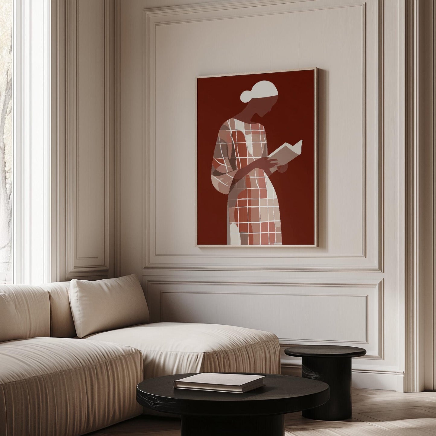 Figurative Canvas Wall Art Woman Reading Book in Checked Dress on Red Background Framed Painting
