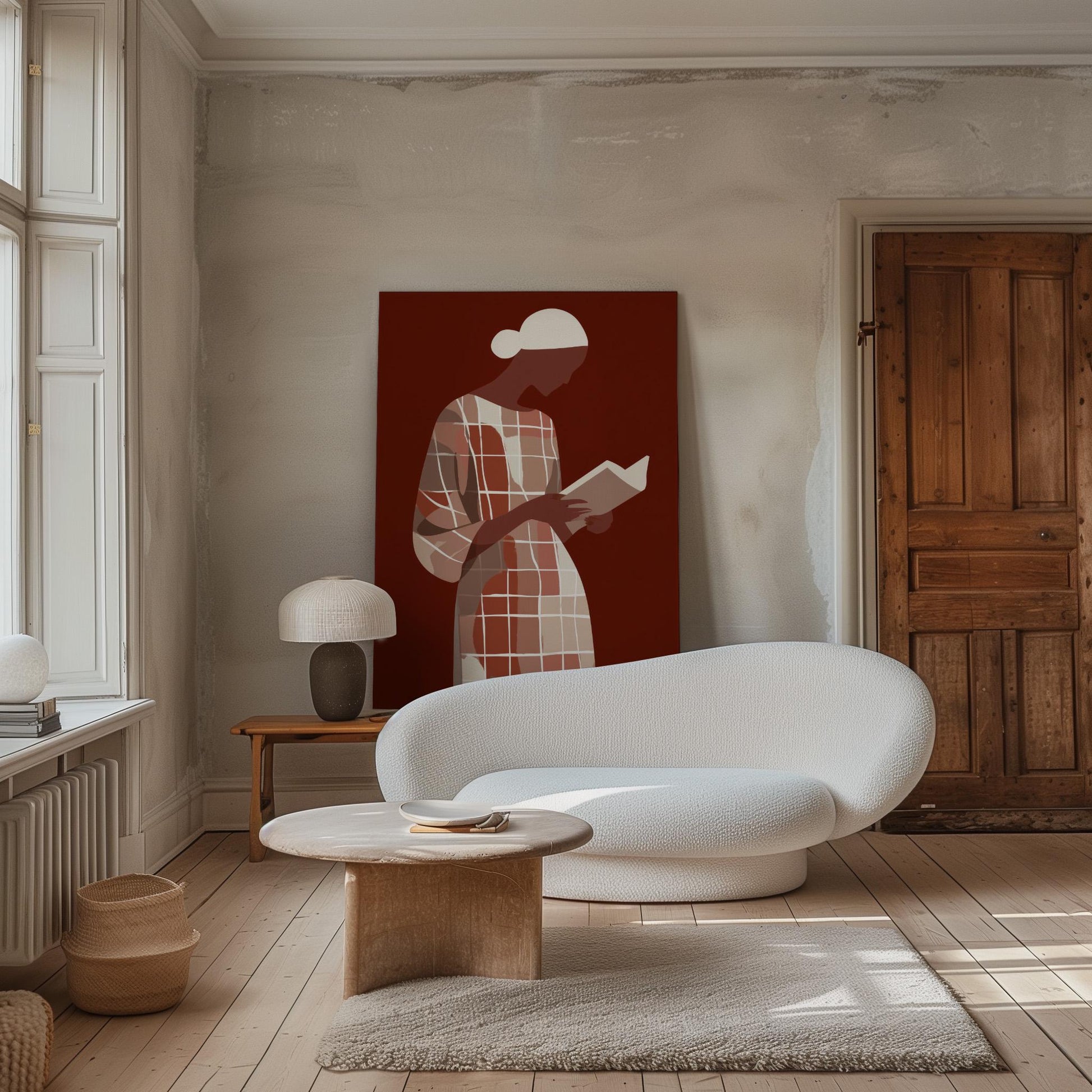 Figurative Canvas Wall Art Woman Reading Book in Checked Dress on Red Background Framed Painting