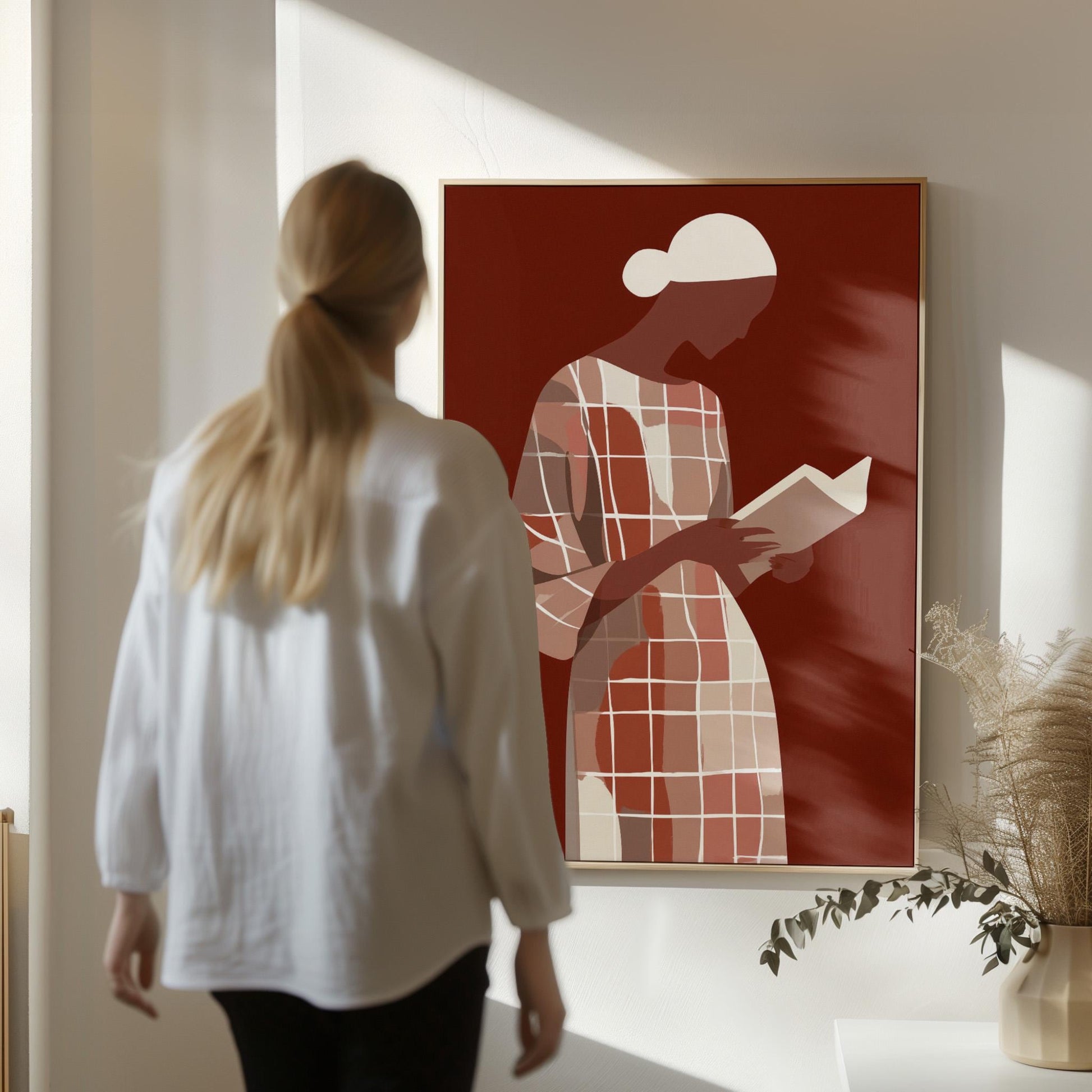 Figurative Canvas Wall Art Woman Reading Book in Checked Dress on Red Background Framed Painting